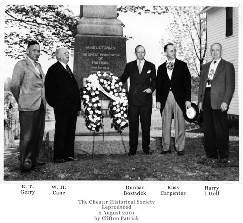 Ceremony at Hambeltonian’s grave on the former Rysdyk farm. Left to right:
E.T. Gerry, W.H. Cane, Dunbar Bostwick, Russ Carpenter, Harry Littell. May 5, 1949.  chs-001004